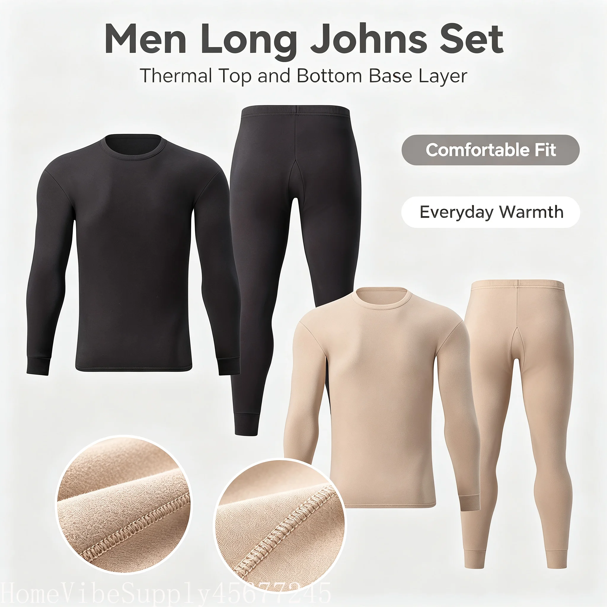 2Pcs Men Autumn Winter Thermal Underwear Set, Long Sleeve Top & Pants, Warm Casual Base Layer Inner Wear for Men