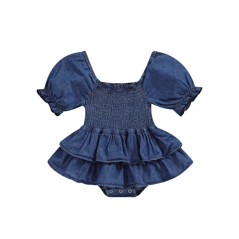 

Newborn Baby Girl Denim Romper Dress Shirred Square Neck Short Sleeve Layered Ruffled Hem Jumpsuit