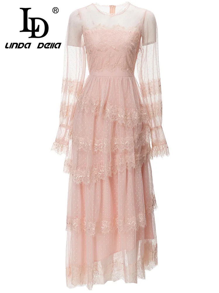 

LD LINDA DELLA Cheap Casual Vintage Dresses Women Transparent Lace Long Sleeve Splice Cascading Ruffle Irregularity Travel Dress