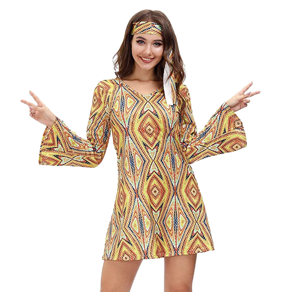 Women 70S Disco Party Skirt Outfit Girl V Neck Long Sleeve Sexy Mini Summer Dress Cosplay Costume Headgear Halloween Xmas Gown