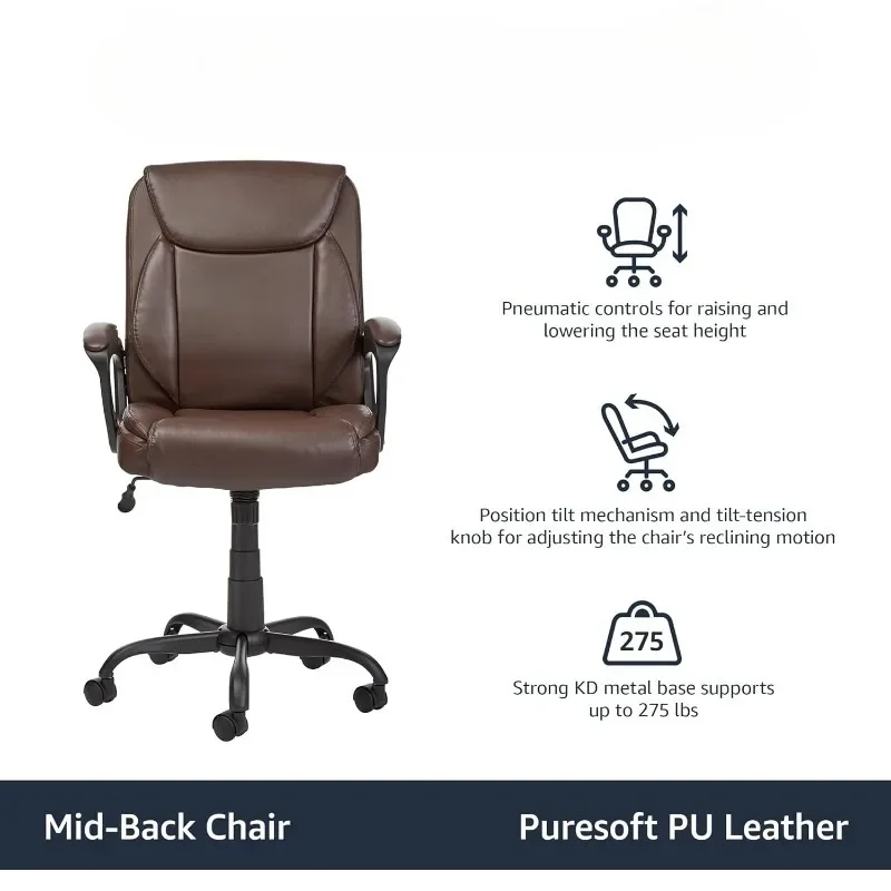 Classic Puresoft PU-Padded Mid-Back Office Computer Desk Chair with Armrest - Brown