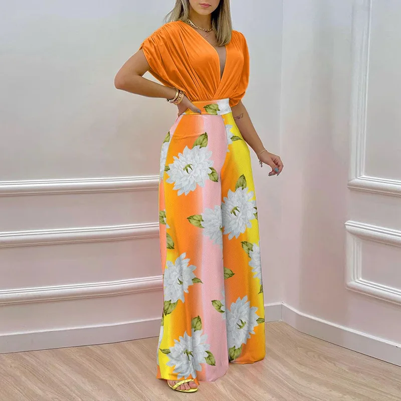 2024 Summer Printed Outfits Two Piece Jumpsuit Set Elegant V-neck Wide-leg Femme Jumpsuits for Women Bohemian Clothes