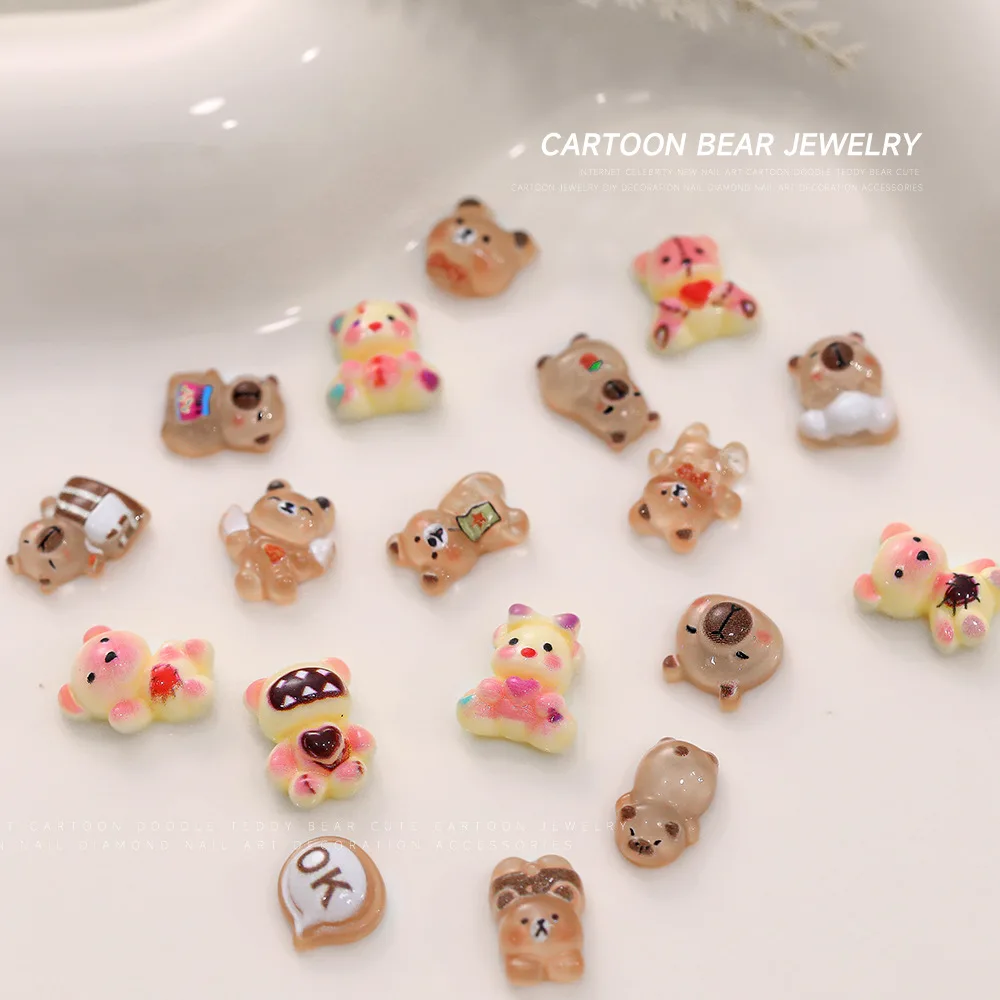 20PCS Cartoon Nail Art Accessories Soft Cute Brown Capibala Butter Bear Resin Nails Charms DIY Kawaii Nail Decorations Supplies