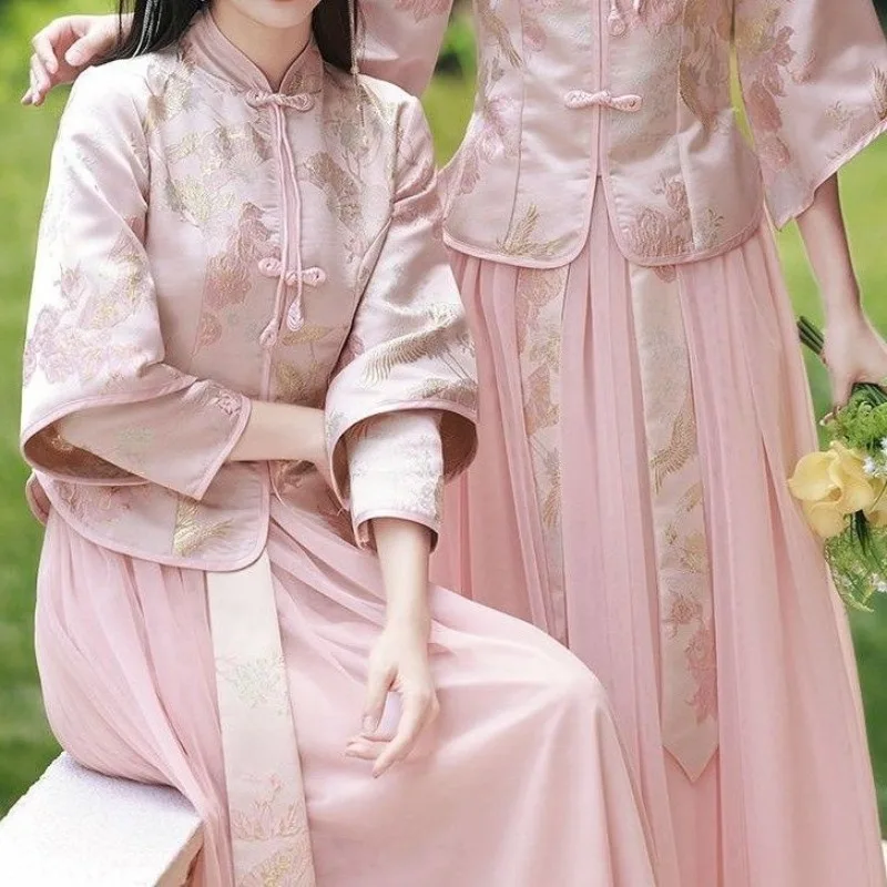 Bridesmaid Clothes Chinese Style 2025 Autumn Winter Women New National Style Dress Small Cheongsam Sister Group Bridesmaid Skirt
