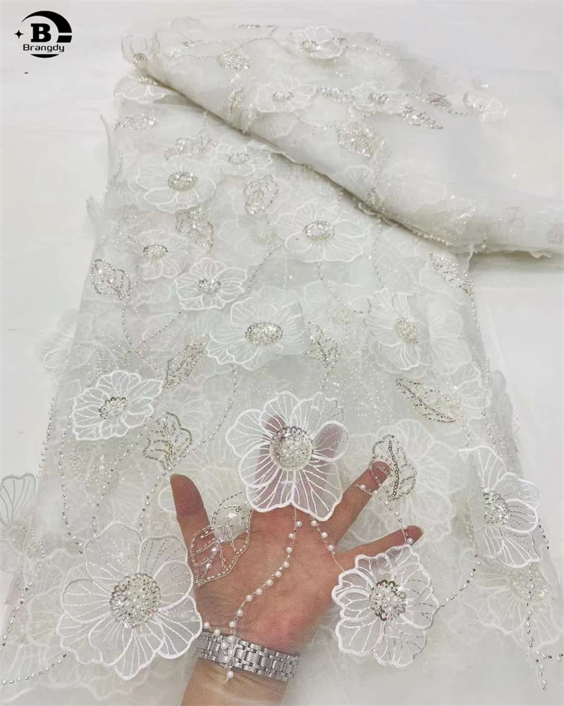 3D Flower Lace Fabric Embroidery Net Big Flower African Nigerian Sequin Tulle 3D Applique Net for Wedding Evening Dress Sewing