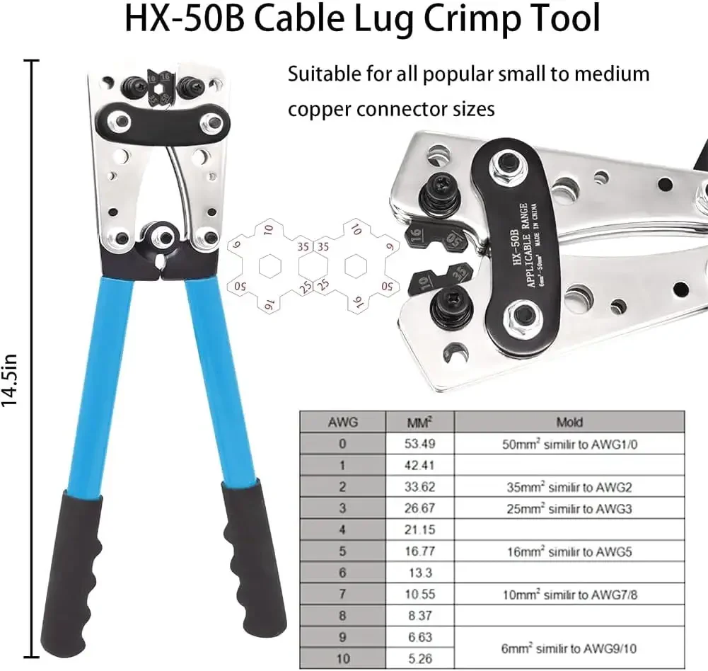 Cable Wire Lug Crimping Tool Kit 10-1 AWG, 8 Sizes 60Pcs Copper Ring Terminals,Terminal Crimper Set for Heavy Duty Wire Lugs