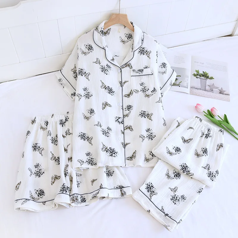 

2024 New Summer Couple Pajama Set 100% Cotton Women's Short Sleeves+Shorts+Pants Three Piece Cute Home Ladies