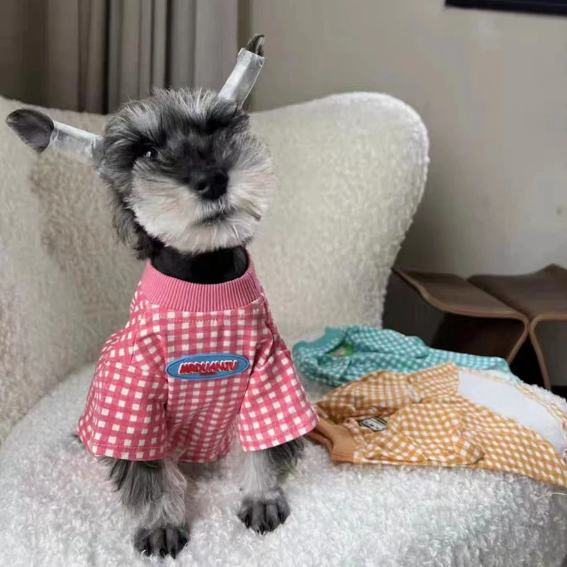 Pakaian kaos kotak-kotak anjing peliharaan pakaian Fashion anjing Super kecil lucu Chihuahua cetak musim semi musim panas Pink anak laki-laki perempuan