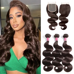 Dark Brown Body Wave Bundles With Closure Unprocessed Color 2 Brazilian Body Wave human hair with 4x4 Lace Closure