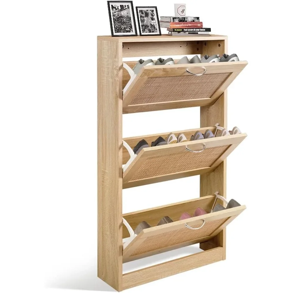 

Cabinet for Entryway, Narrow Shoe Storage Cabinet, Hidden Rattan Shoe Cabinet Wood 3 Tier Slim Shoe Rack for Home and