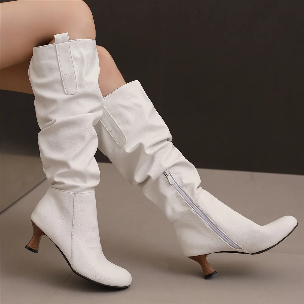 

Daily Leisure Women Pleated Knee high Boots Pink Round Toe 5cm Heels Zip Women's High-top Boots Womens Shoes 45 46 Autumn Winter