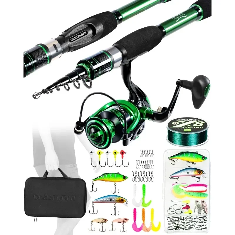 

Fishing Rod and Reel Combo, Graphite Telescoping Pole Collapsible Portable Travel Kit with Carrier Bag