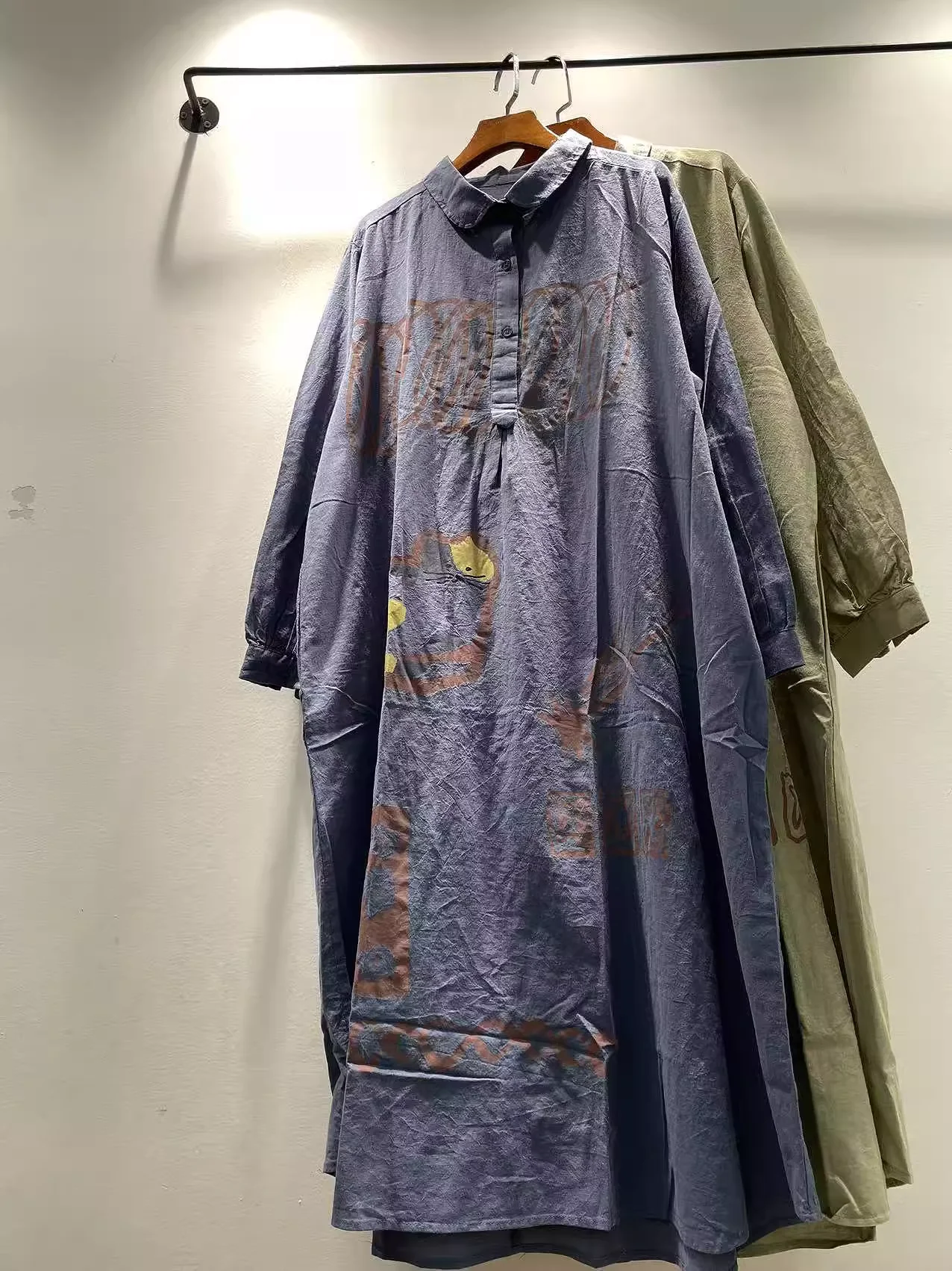 Enianechu Mori Girl Japan Stijl Puur Katoen Cartoon Kat Print Shirt Jurk voor Vrouwen Herfst Blauw Legergroen Single-breasted Jurk