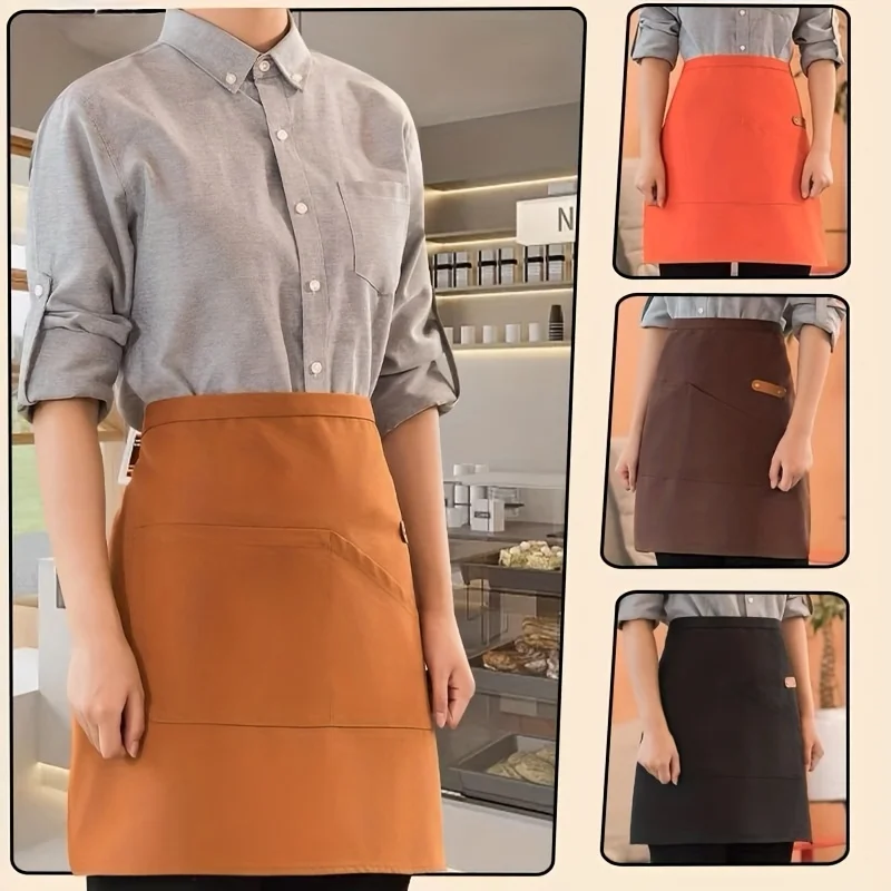 Half Apron with Pockets Waterproof Cloth Apron for Server Chef Stain-Resistant Solid Color Kitchen Waiter Apron for Men Women ﻿