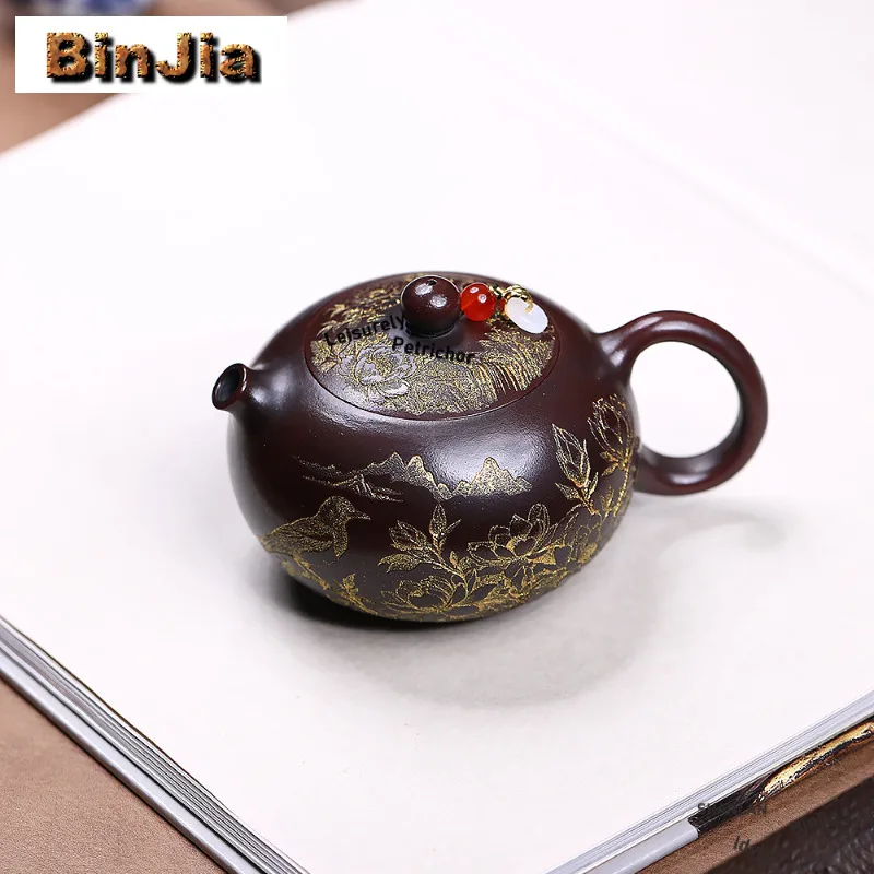 

210 мл Высококачественные фиолетовые глиняные чайники Исин ручной работы с резными цветами и птицами Xishi Горшок из сырой руды Древний черный грязевой чайник Чайный сервиз Zisha