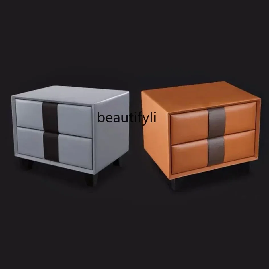 SS ss7486 غرفة نوم بسيطة طاولة بجانب السرير من الخشب الصلب درج من الخشب الصلب الإيطالي طاولة بجانب السرير تخزين حديث من الجلد ، كابينة تخزين