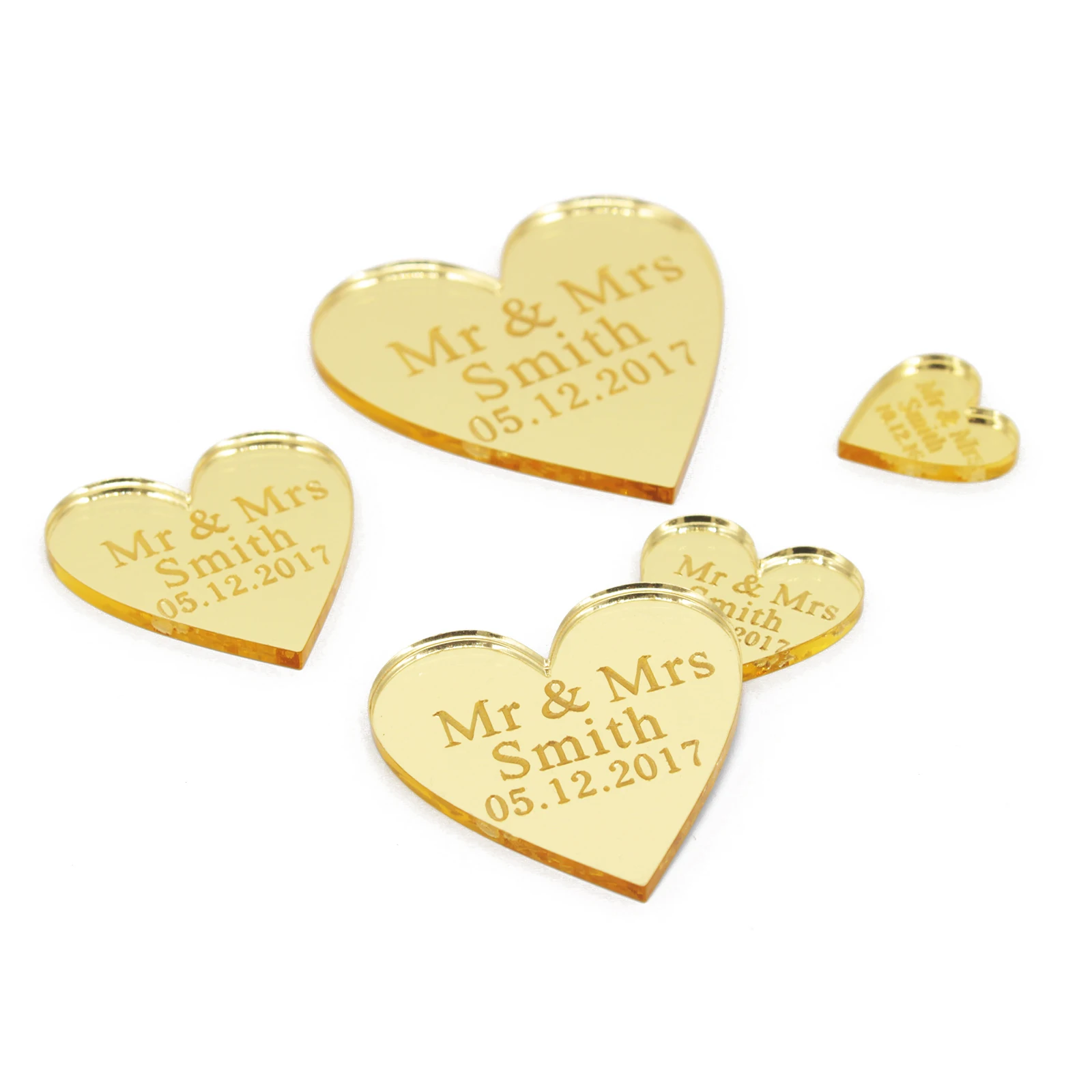 30/50/100pcs Personalized Acrylic Love Heart Tag Engraved Custom Wedding Name Baby Baptism Mirror Gold Tag Decoration Favor Gift