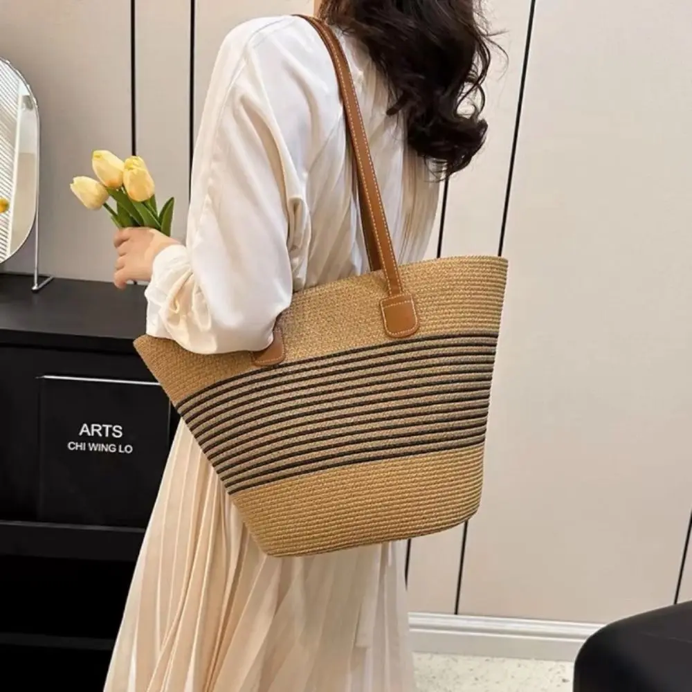 

Модная соломенная сумка-тоут, квадратная большая вместительная тканая сумка на плечо, полосатая сумка для подмышек, пляжная сумка для отдыха