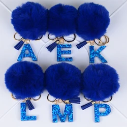 Blue Letter Keychain Trendy Plush Pompom Tassel Keyring Backpack Bag Hanging Pendant Car Charms Gifts For Women Girls