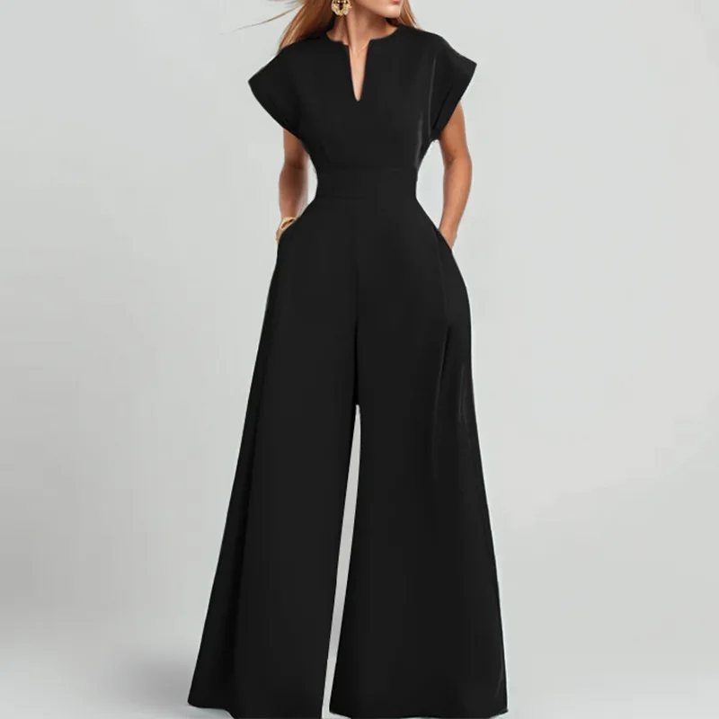 Fashion Elegant Solid Color Jumpsuits Women V-neck Short Sleeves Loose High Waist Wide Legs Jumpsuit Female Commuting Clothing