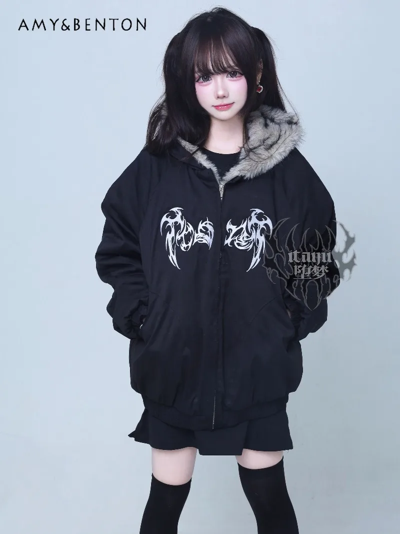 التصميم الأصلي Harajuku نمط القوطية المطرزة الفراء طوق مقنعين سترة قطن ثقافة فرعية داكنة سميكة المتضخم معطف للنساء #1