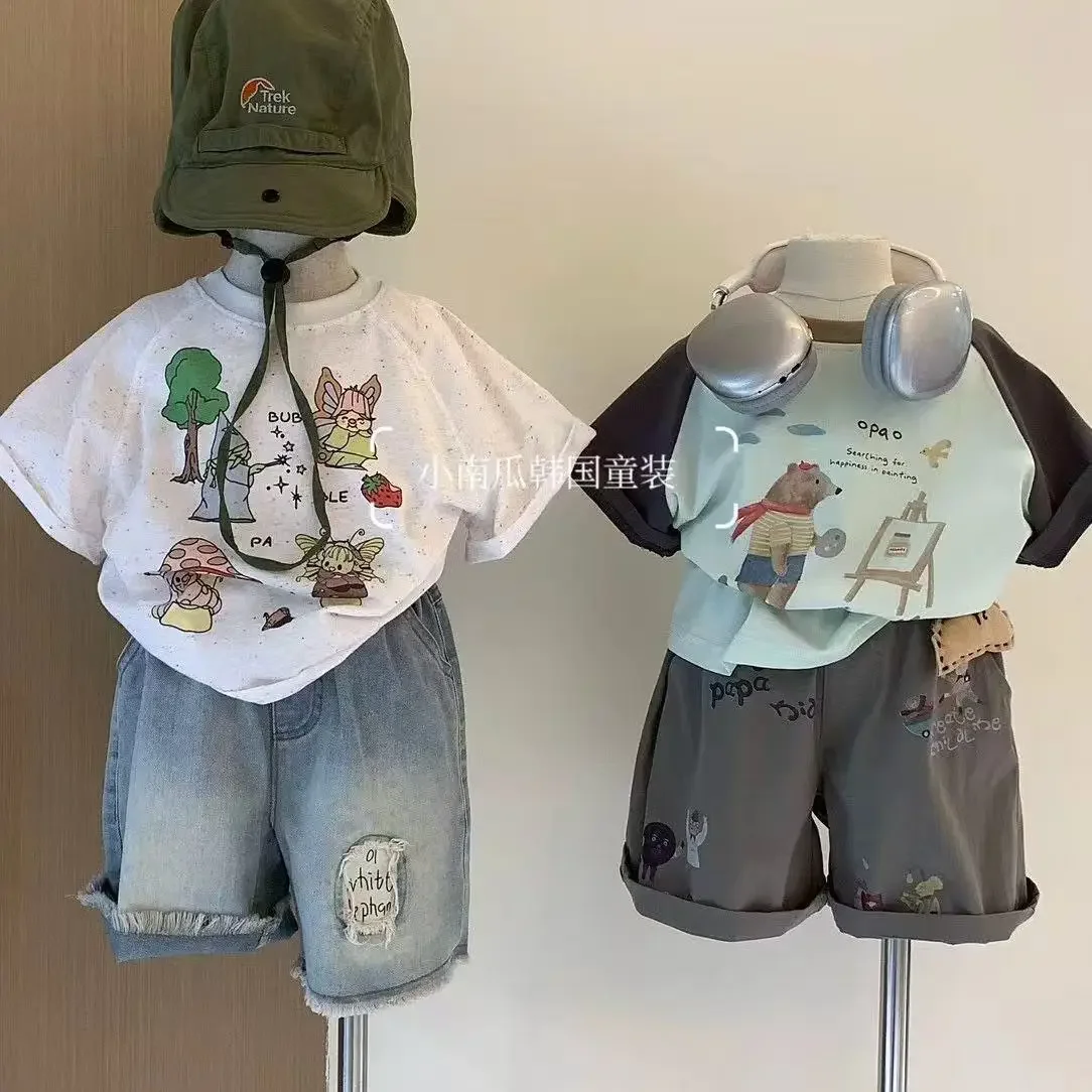 

Boys' Short Sleeved Shorts 2Pcs Set Children's Sets Baby T-shirt 2025 Summer New Children's Cartoon Casual Two-piece Set