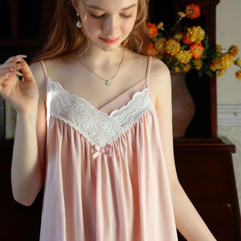 French princess camisole nightgown, sweet cotton sexy thin short skirt, loose summer V-neck, skin friendly pajamas for girls