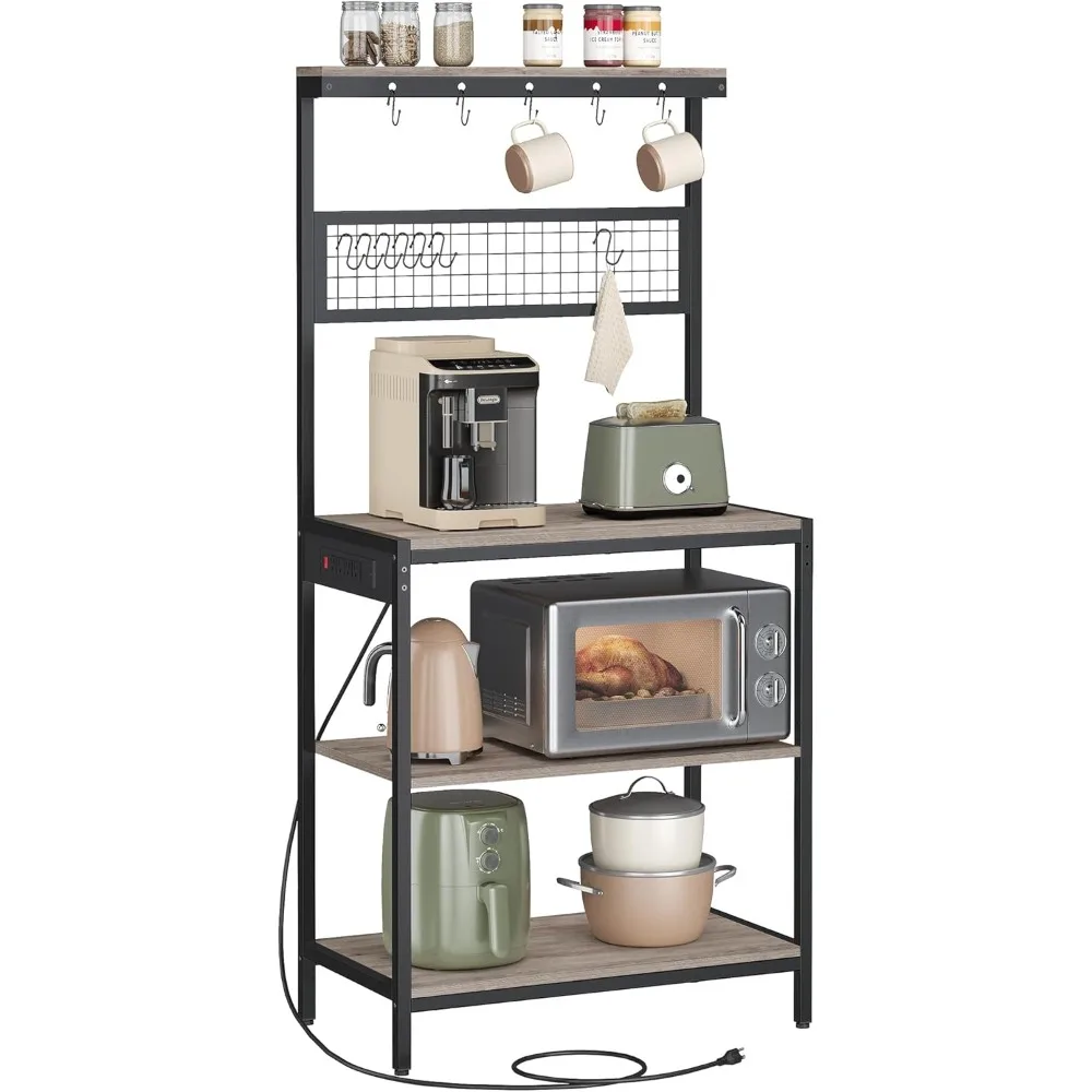 

Bakers Rack with Charging Station, Coffee Bar Stand with Adjustable Storage Shelf, Grid Panel, 12 Hooks, Table for Microwave