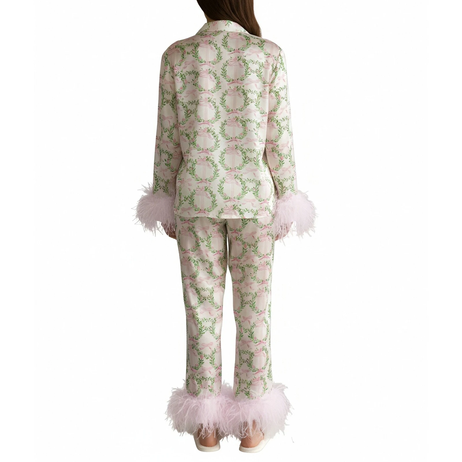 

Womens Spring Pajama Sets Fashionable Wreath/Bow Printed Long Sleeve Tops with Pants 2Pcs Soft Sleepwear