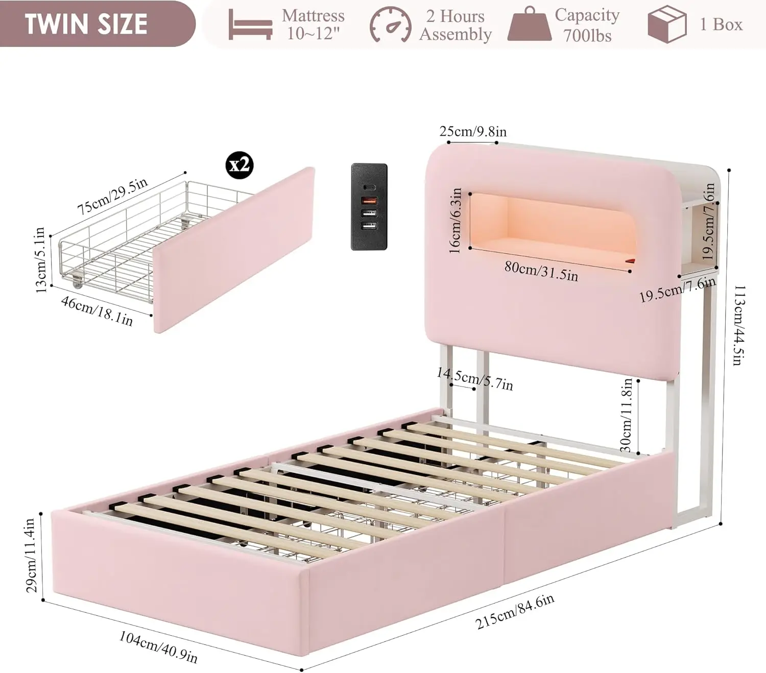 저장 헤드보드가 있는 핑크 트윈 LED 침대 프레임, 서랍 2개, USB 포트, 벨벳, 박스 스프링 필요 없음