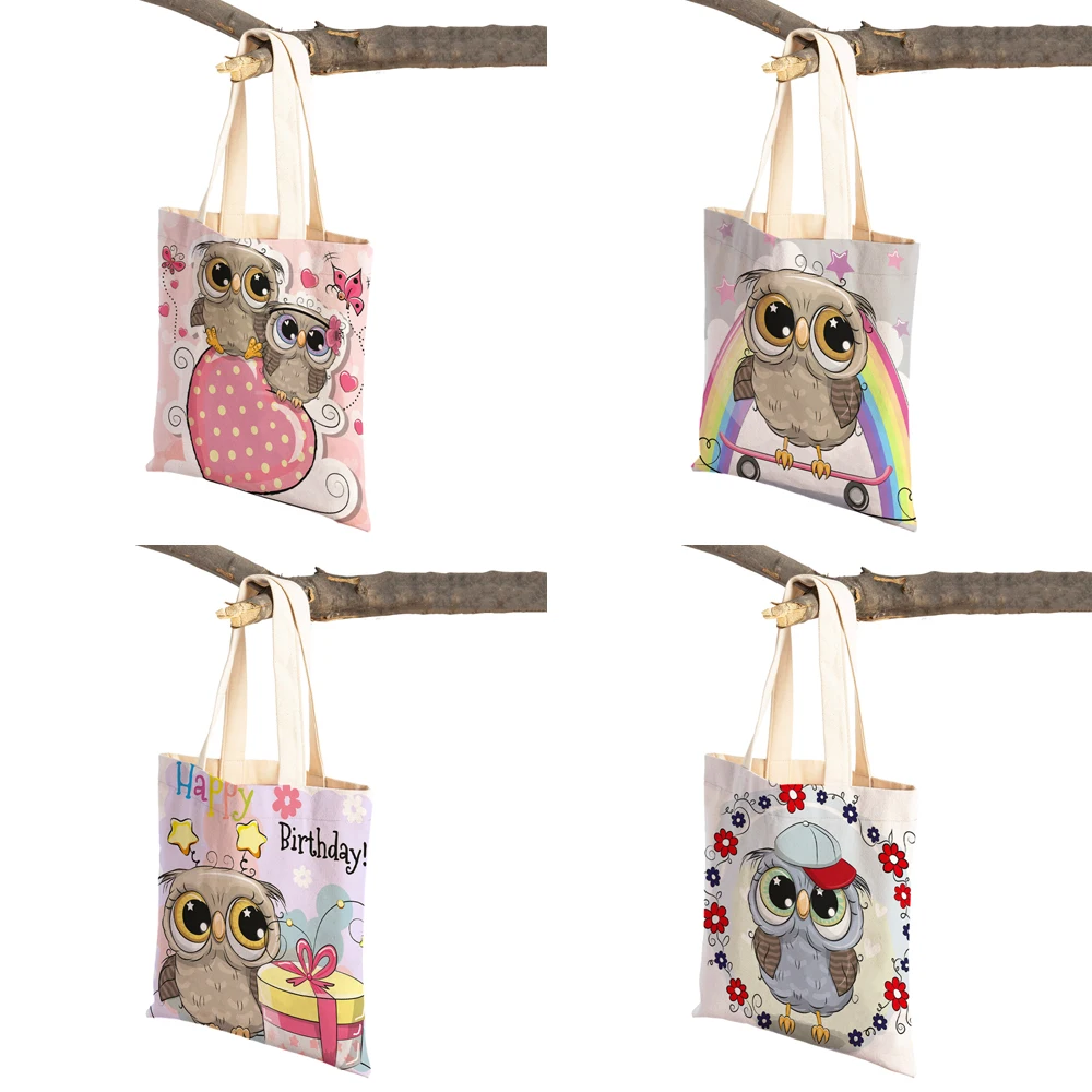 Bolsa de lona com design coruja para mulheres e crianças, tote de viagem, bolsa de ombro, reutilizável, desenhos animados, animal, moda