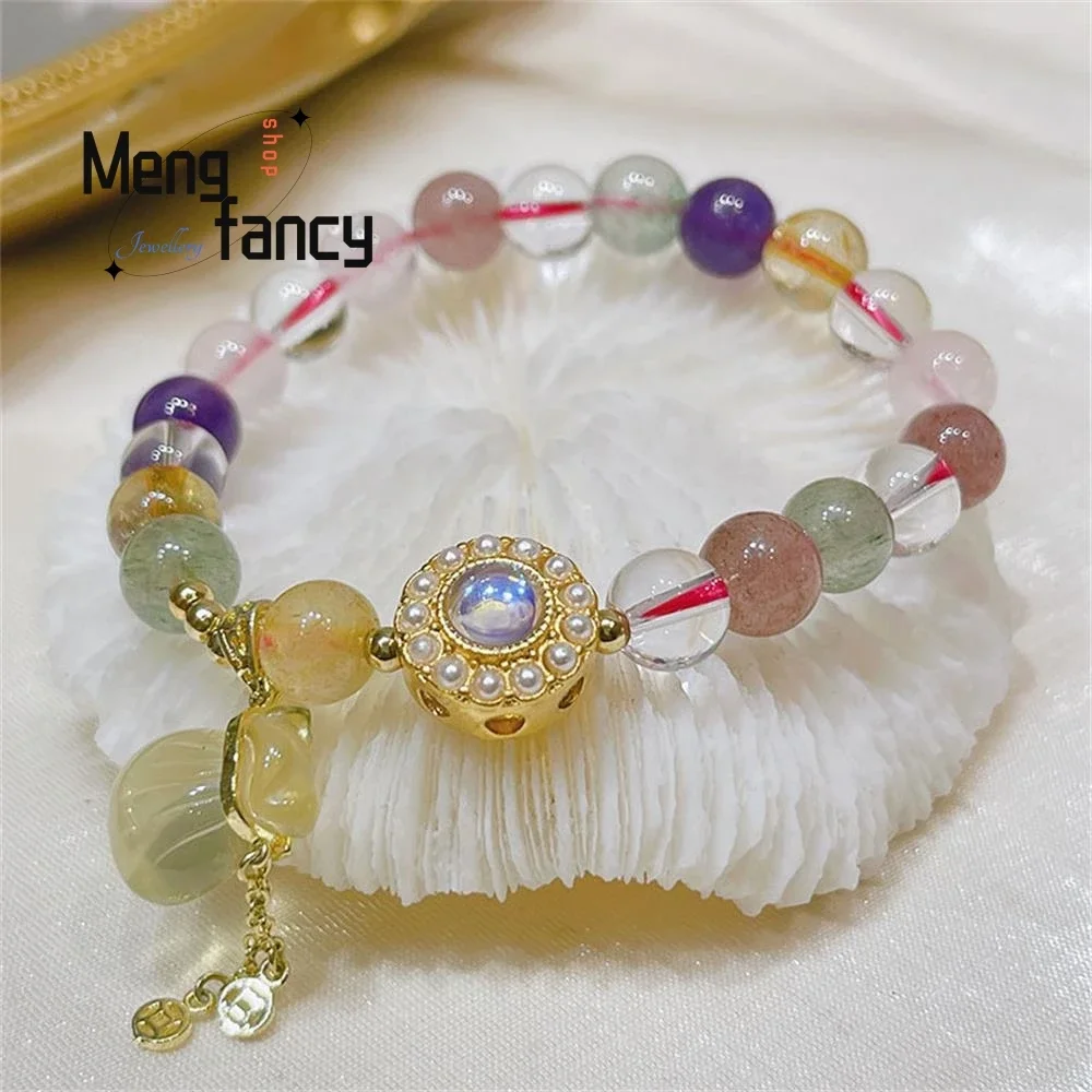 

Fubaguo Treasure Bracelet Female Colored Strawberry Crystal Amethyst Crystal String Retro National Beeswax Pendant Hand Ornament