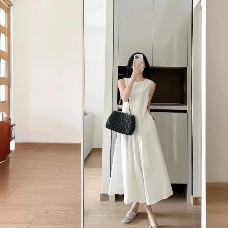 

Women's Vintage White Midi Dress, Knitting Wedding Dresses, O Neck, Office Lady Casual Pockets, Women's Clothing