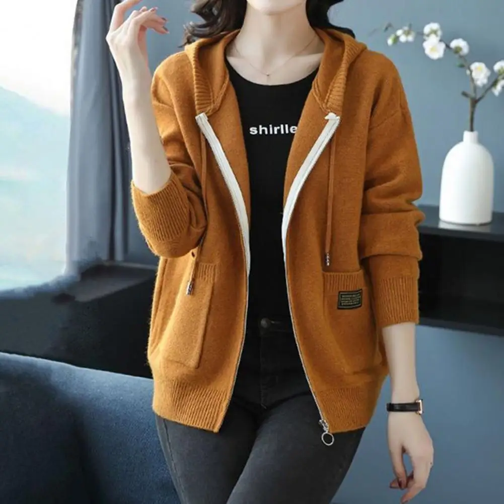 

Knit Hoodie Cozy Hooded Knitwear Jacket with Drawstring Pockets for Women Warm Fall Winter Cardigan Zip-up Coat for Wear Cozy