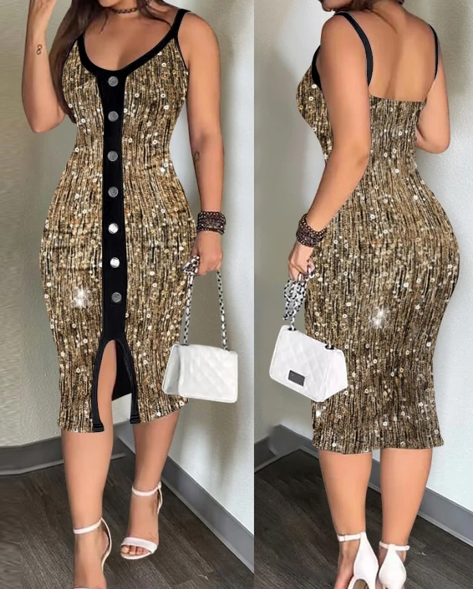 

Womens Dresses 2025 Spring New Fashion Contrast Paneled V-Neck Sequin Sleeveless Bodycon Dress Button Decor Slit Midi Dress