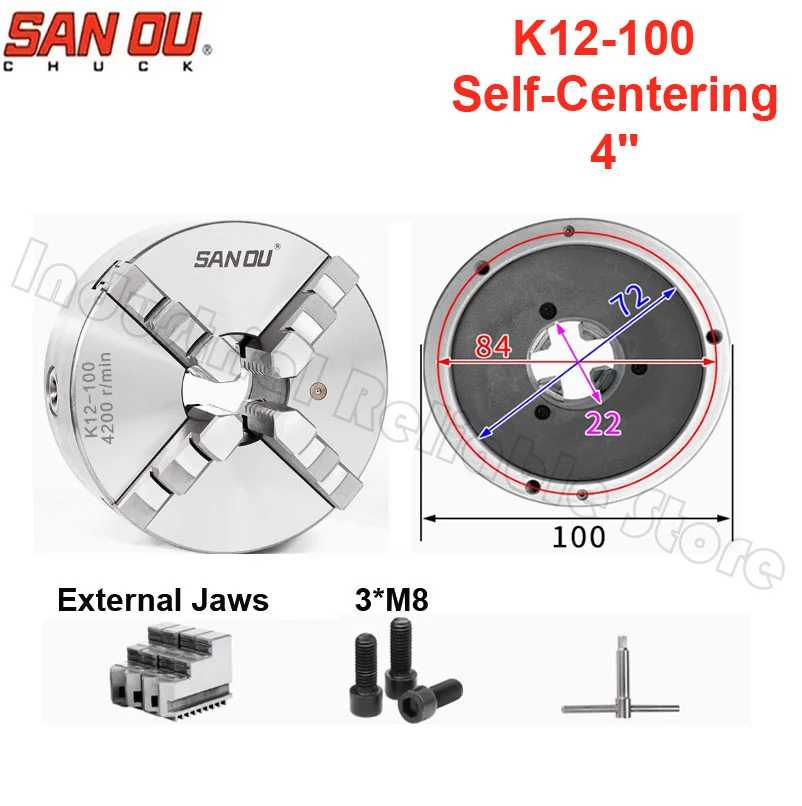

Бренд Sanou K12-100, 4-кулачковый токарный патрон, самоцентрирующийся ручной токарный патрон, 4 дюйма, станок для сверления, фрезерования, деревообработки