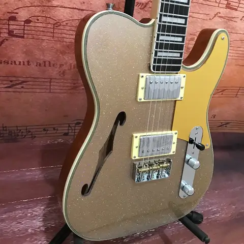 Champagne Glitter Semi‑Hollow TL‑Style Electric Guitar, HH Humbucker Pickups, Yellow Pickguard, Jazz Blues Rock Guitar Beginner