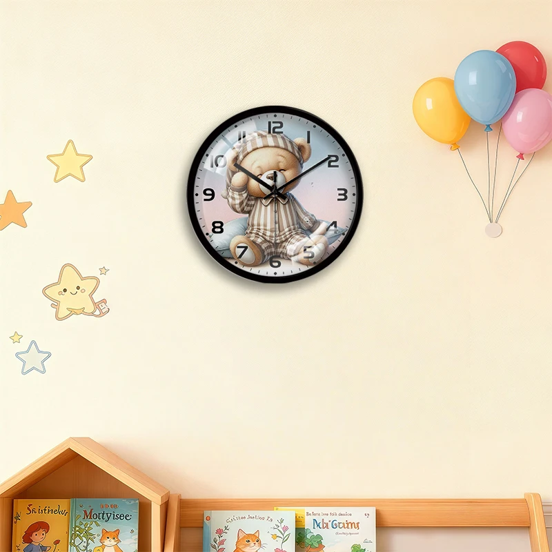 Awakened Bear Cartoon Round Silent Hanging Wall Clock, Suitable For Living Room, School, Study Room, Bedroom, Children's Gifts