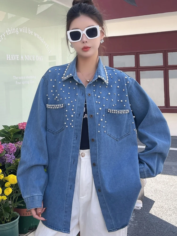 Damska, codzienna, długa kurtka dżinsowa z perłami i dżetami, na wiosnę i jesień, nowa, warstwowa, luźna odzież wierzchnia w stylu koreańskim.