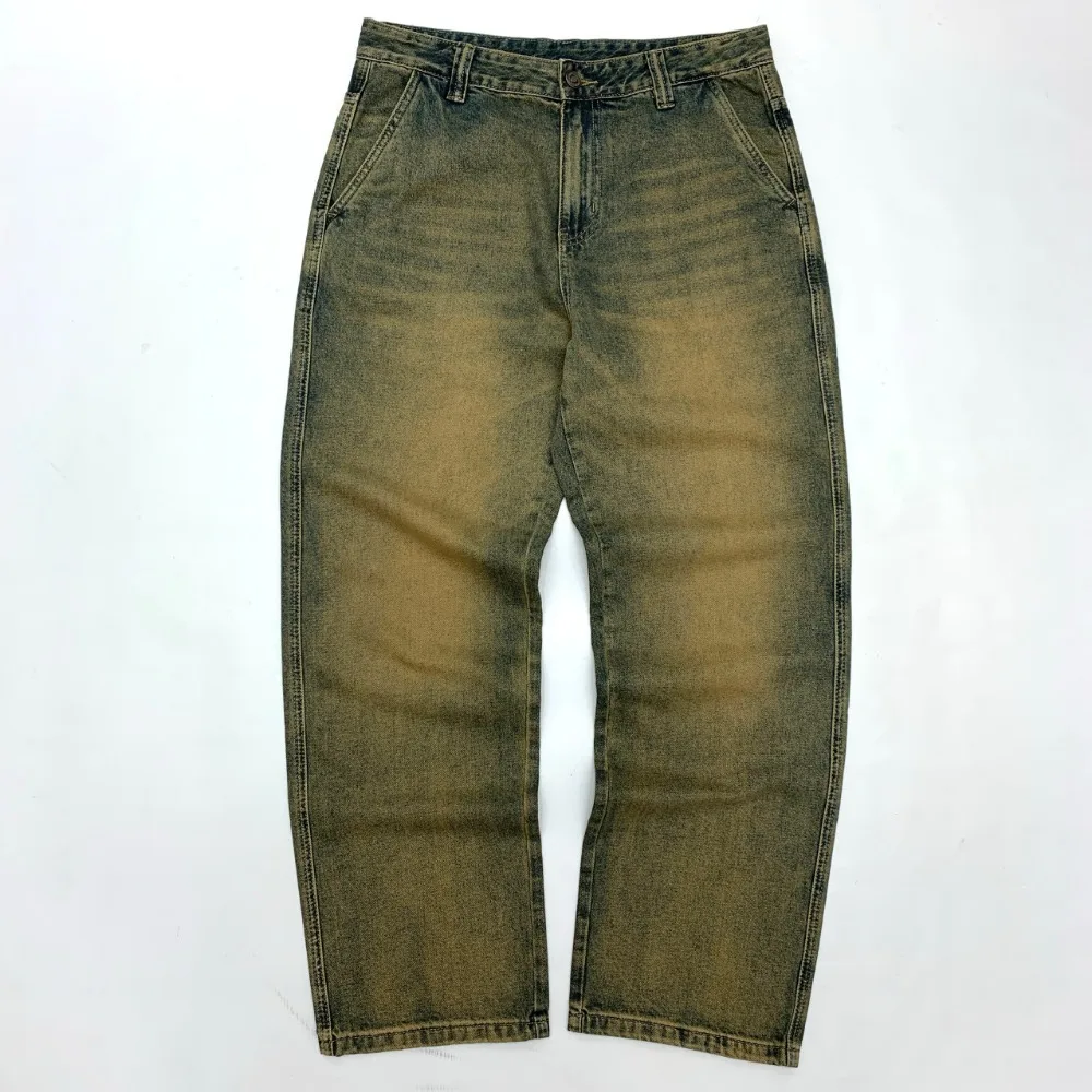 

Nostalgic color jeans men's loose, straight, washed old Japanese retro mud yellow blue denim trousers