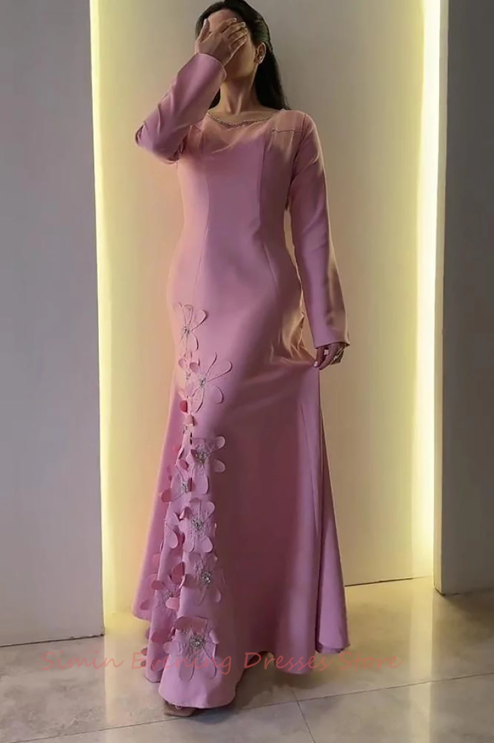 Grace Flower Crepe Beaded O-Neck Ruffle Simple Long-Sleeves Floor-Length Saudi Arab Evening Elegant Party dresses for women 2024