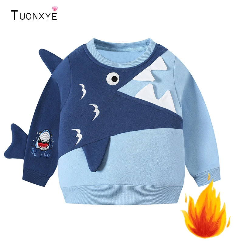 

TUONXYE зимние толстовки с длинными рукавами для мальчиков, бархатные милые мультяшные толстовки с вышивкой акулы, мягкий хлопок, детский пуловер, одежда