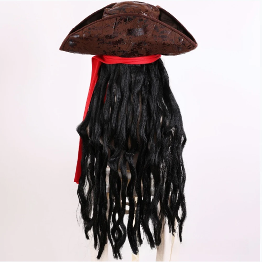 Adult Men's Caribbean Pirate Hat Wig Jack Sparrow Style for Halloween Stage Performance Pirate Captain Costume Party Accessory
