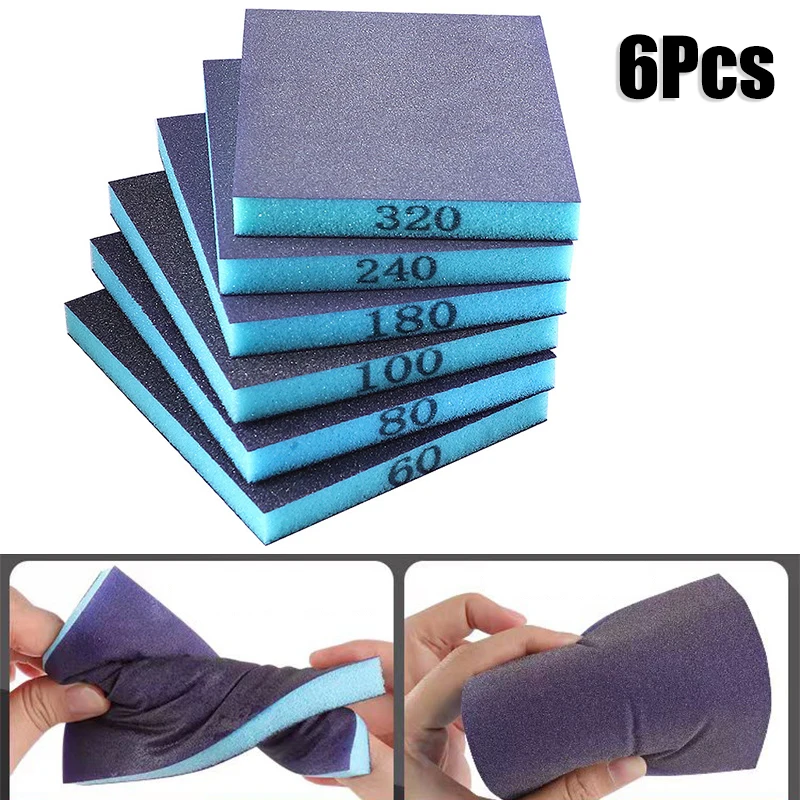 

6pcs Double-Face Sanding Sponge Kit 60-320 Grit Washable Reusable Wet Dry Sanding Blocks for Metal Wood Polishing Abrasive Tools