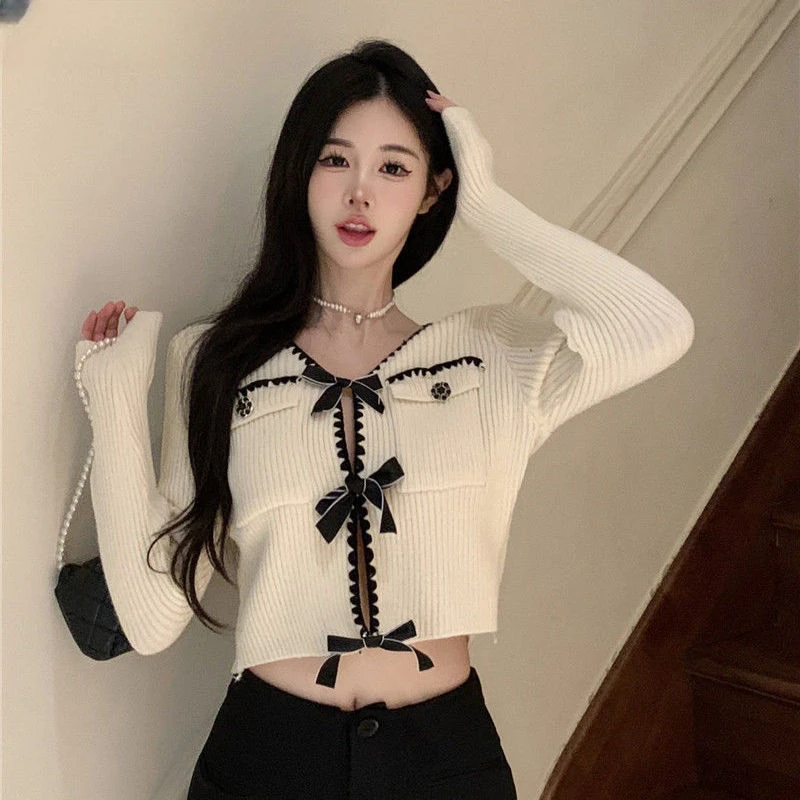 Bow Cardigan Women Japanese Style Retro Elegant Cropped V-neck Slim Solid Full Sleeve Mori Girl  Autumn Fashion Knitwear