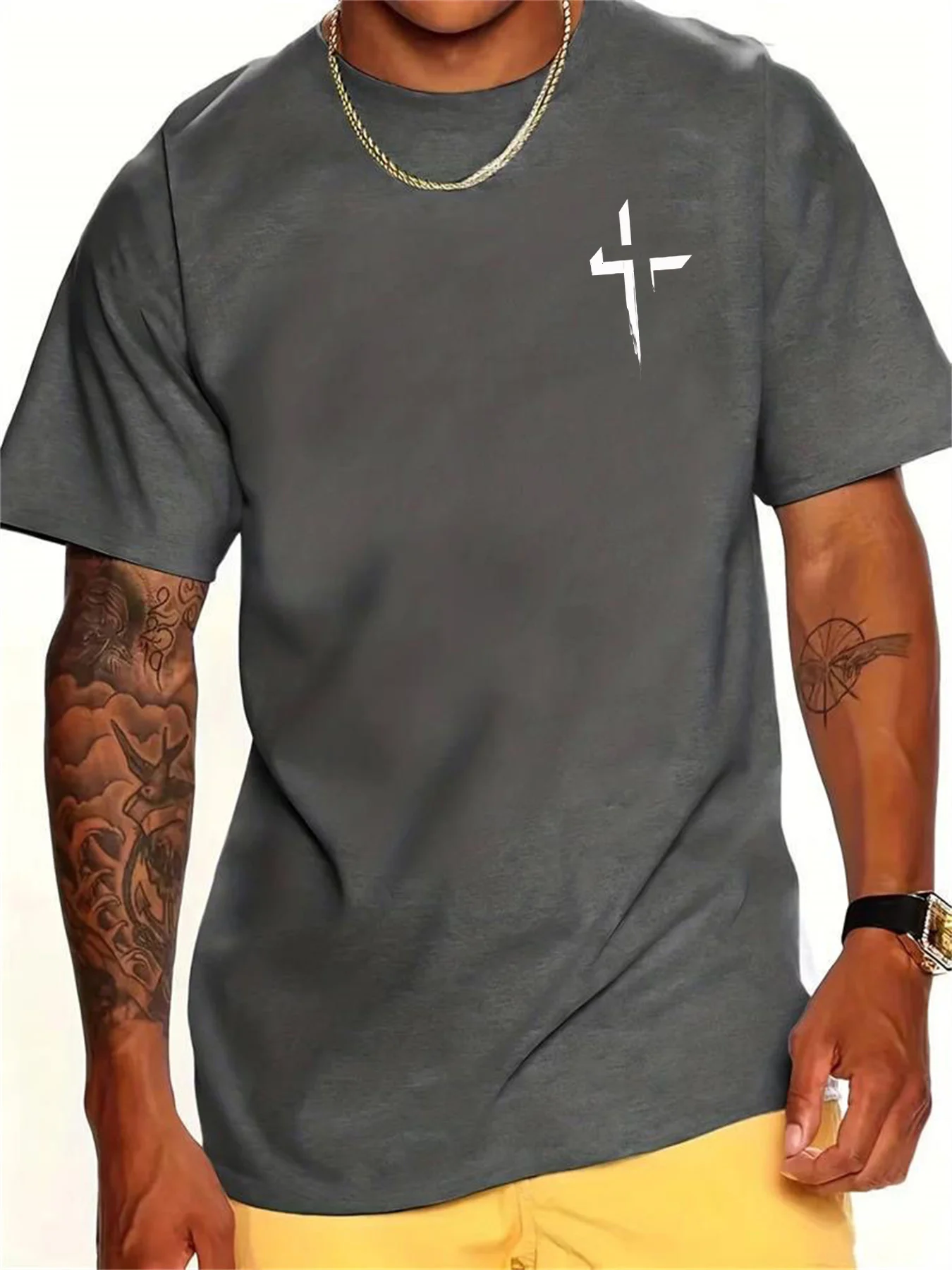 夏のメンズ綿 100% カジュアルルーズ大クロス信仰プリントスポーツ快適なラウンドネック半袖 Tシャツトップ