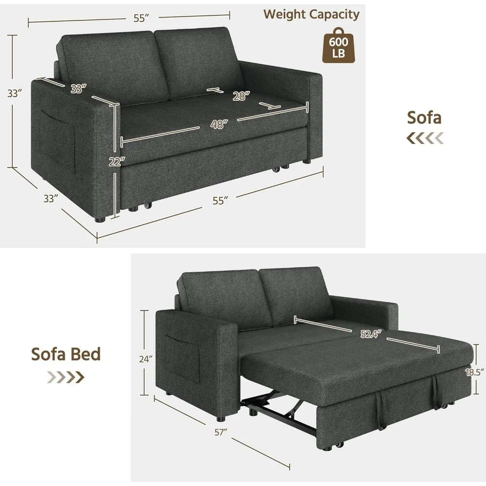 W/Pull-Out Bed Sleeper Sofa Convertible Couch for Limited Spaces Living Room Bedroom Guest Room Dark Gray 55.5 in, Sofa