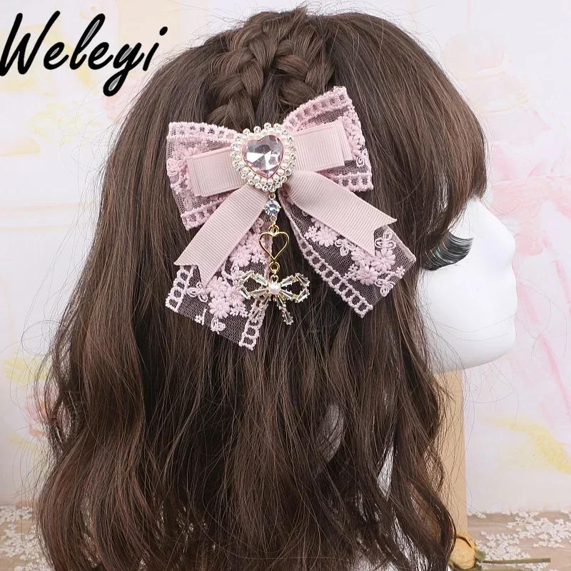 Lolita Sweet Hair Accessories Female Jirai Kei Japanese Korean Cute Girl Side Clips Mine Style Lace Bow Rhinestone Hairpins 2024