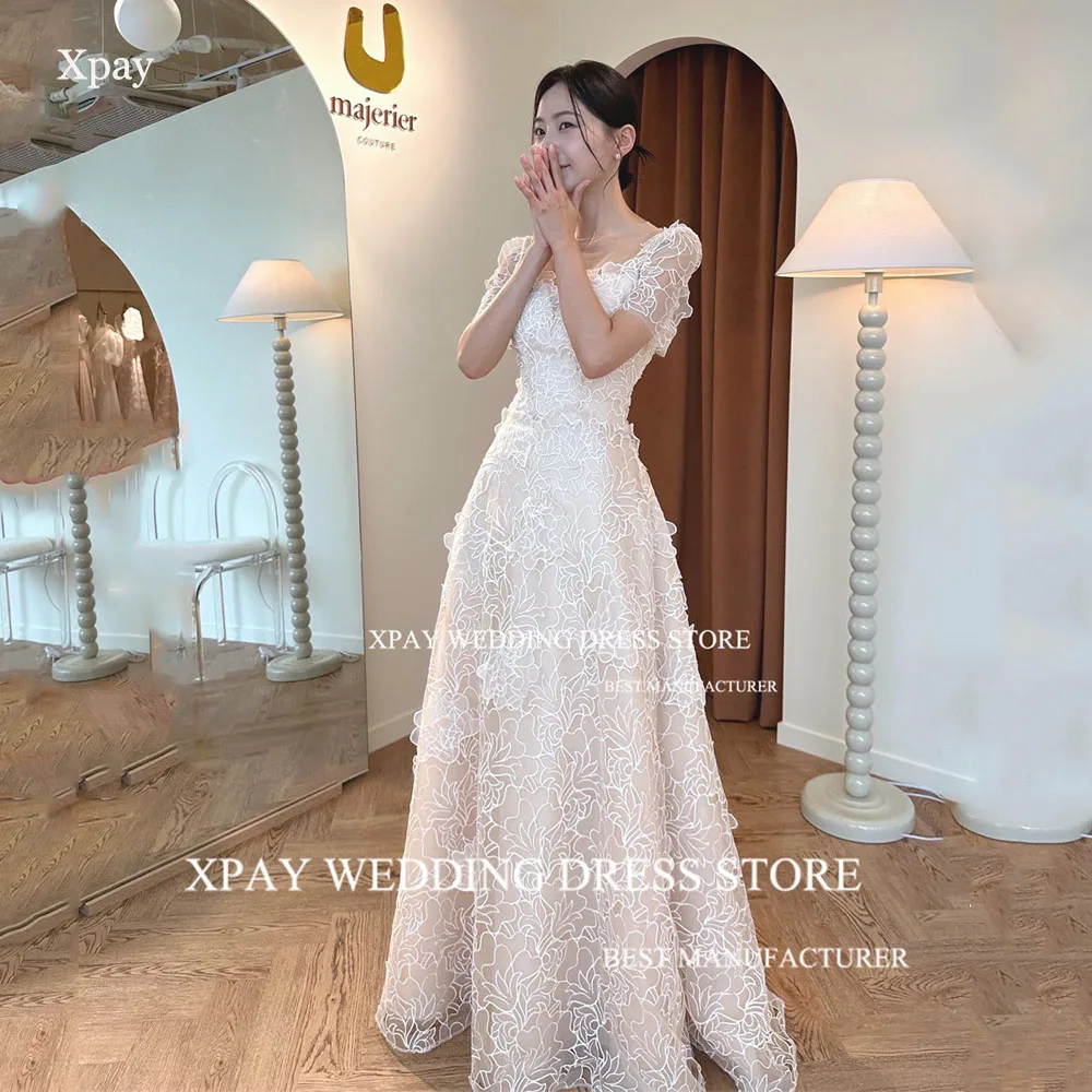 Xpay pescoço quadrado coreia vestidos de casamento elegante renda uma linha fotos de casamento sessão sem costas manga curta vestido de noiva personalizado