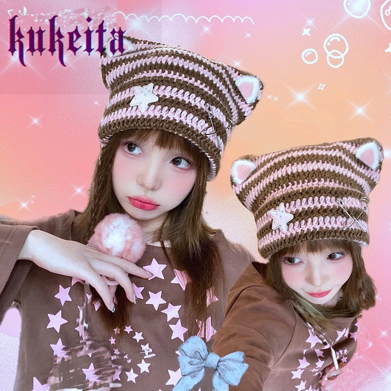 Harajuku Punk piękny kot uszy kapelusz dla kobiet ciepła czapka Beanie na zimę kapelusze japoński Kawaii różowa gwiazda dzianina w paski czapki